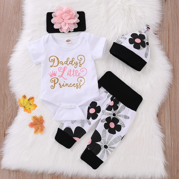 4pcs Letter Print Bodysuit+Floral Print Pants+Hat+Headband × 1