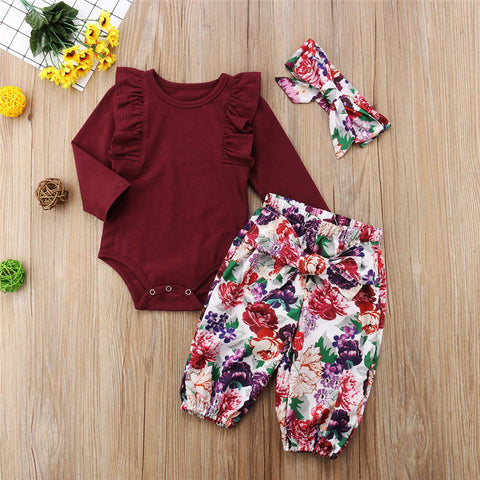 Baby Girls Romper+Floral Long Pants+Headband Cute Outfits Toddler Kid Clothing