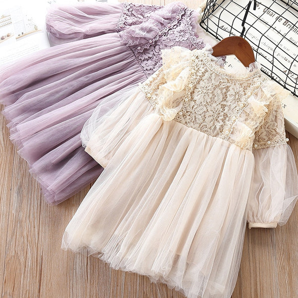 Lace Girls Dress with Pearls Purple and White