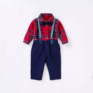 Suit Set Kids Clothing Shirt Top + Suspenders Pants + Bowtie 4pcs