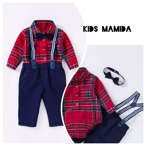 Suit Set Kids Clothing Shirt Top + Suspenders Pants + Bowtie 4pcs