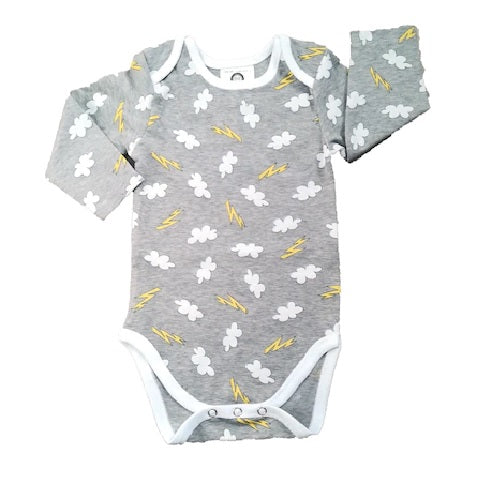 Grey Baby Long Sleeve Bodysuit with White Clouds Print