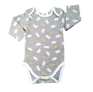 Grey Baby Long Sleeve Bodysuit with White Clouds Print