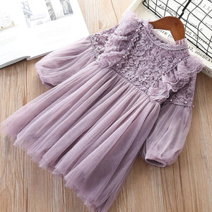 Lace Girls Dress with Pearls Purple and White