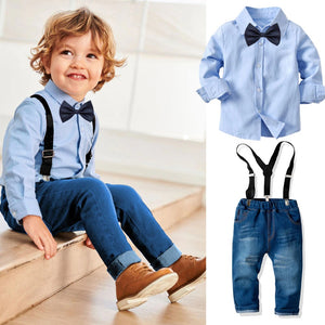 Kid Boy Clothes Set Cool 3PCS Blue Shirt+ Jean Pant+1PC Tie