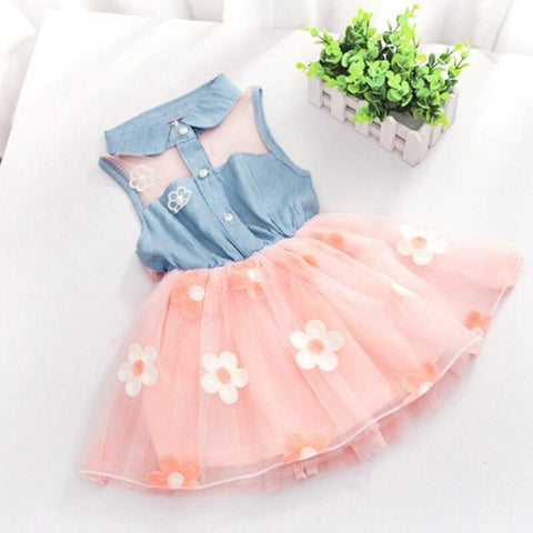 Sleeveless Flower Lace Denim Dress Princess