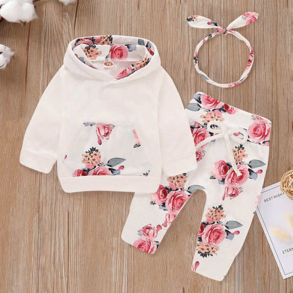 Floral Print Hooded Long-sleeve Baby Set 3pcs