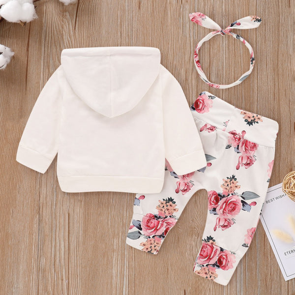 Floral Print Hooded Long-sleeve Baby Set 3pcs