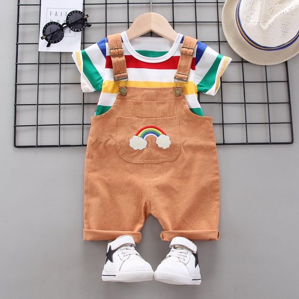 Baby Casual Rainbow Striped Print Top and Overalls Set