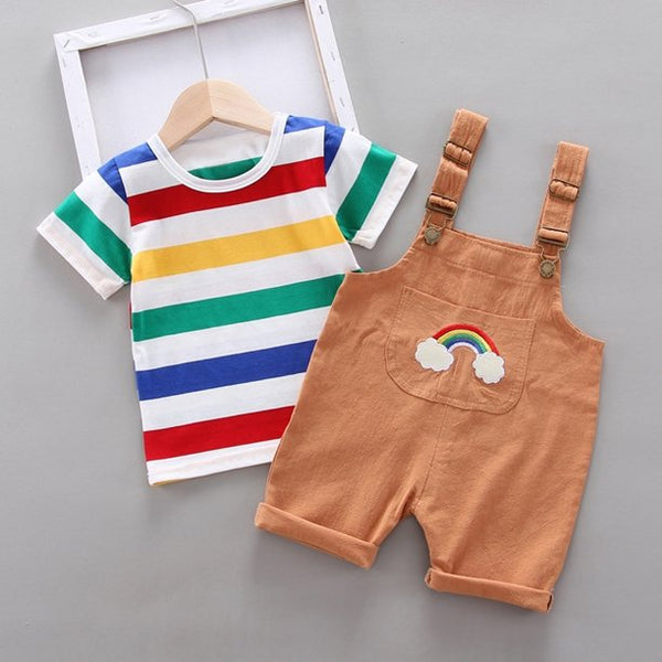 Baby Casual Rainbow Striped Print Top and Overalls Set