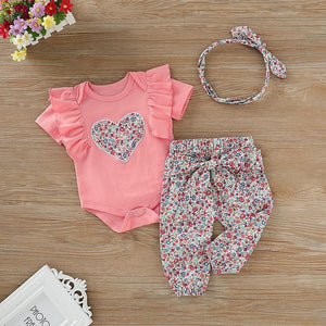 Heart Print Short-sleeve Bodysuit and Allover Pants with Headband Set