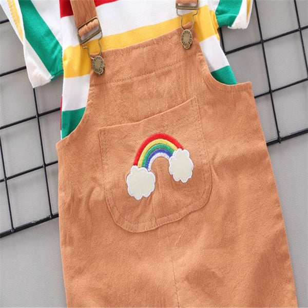 Baby Casual Rainbow Striped Print Top and Overalls Set