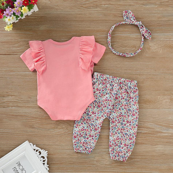 Heart Print Short-sleeve Bodysuit and Allover Pants with Headband Set