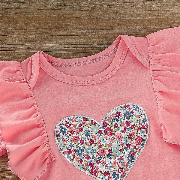 Heart Print Short-sleeve Bodysuit and Allover Pants with Headband Set