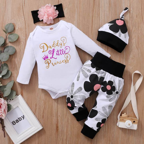 4pcs Letter Print Bodysuit+Floral Print Pants+Hat+Headband × 1