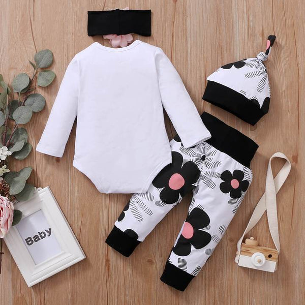 4pcs Letter Print Bodysuit+Floral Print Pants+Hat+Headband × 1