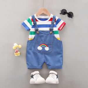 Baby Casual Rainbow Striped Print Top and Overalls Set