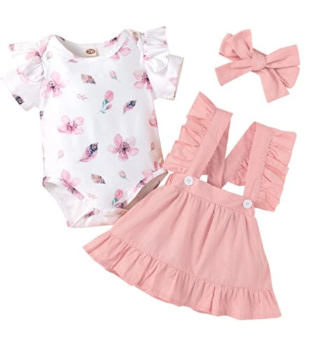 Baby Girls Floral Ruffle Romper+Suspender Skirt+Headband Outfits Set