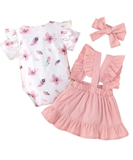 Baby Girls Floral Ruffle Romper+Suspender Skirt+Headband Outfits Set