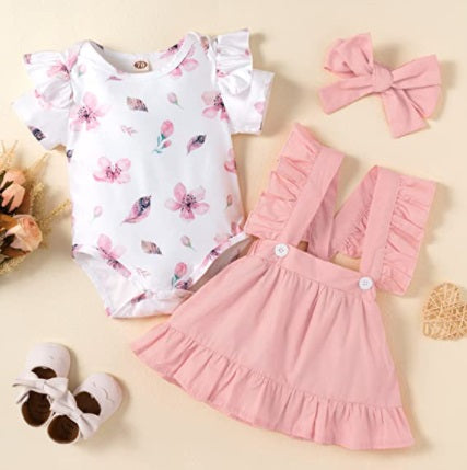 Baby Girls Floral Ruffle Romper+Suspender Skirt+Headband Outfits Set