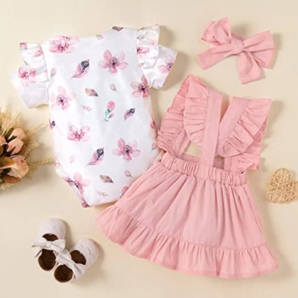 Baby Girls Floral Ruffle Romper+Suspender Skirt+Headband Outfits Set