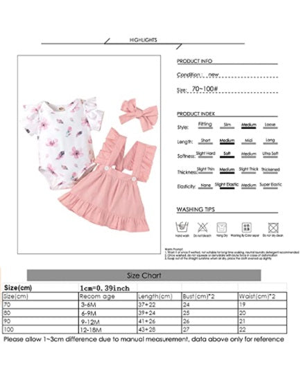 Baby Girls Floral Ruffle Romper+Suspender Skirt+Headband Outfits Set