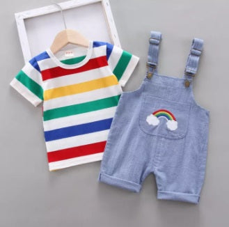 Baby Casual Rainbow Striped Print Top and Overalls Set