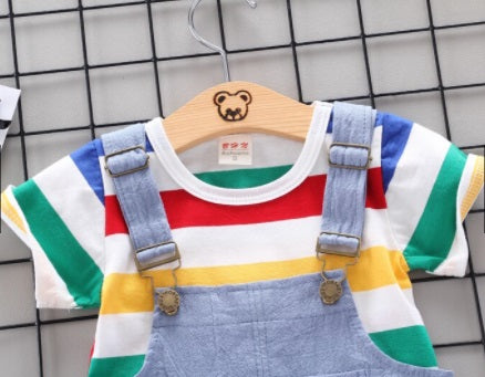 Baby Casual Rainbow Striped Print Top and Overalls Set