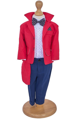 Boy's suit accessorized with a shirt, bow tie and hat