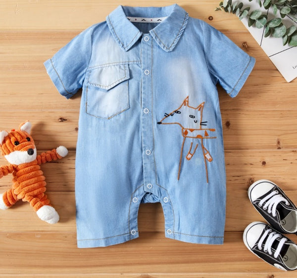 Cartoon Fox Pattern Short-sleeve Baby Denim Jumpsuit