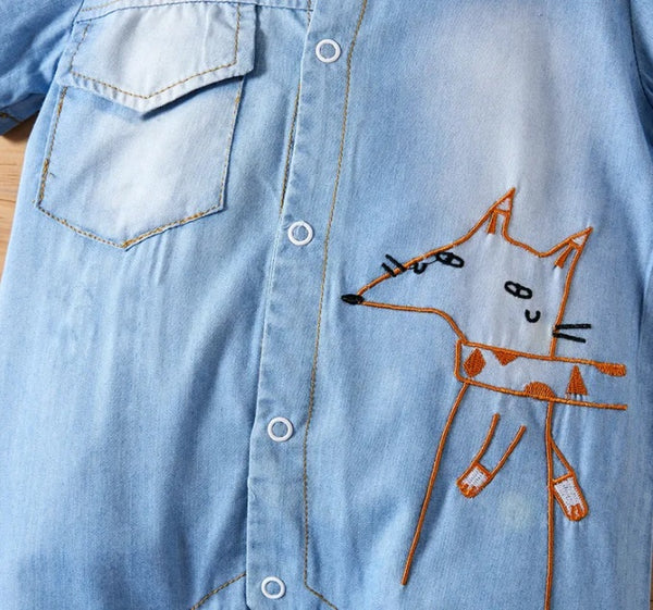 Cartoon Fox Pattern Short-sleeve Baby Denim Jumpsuit