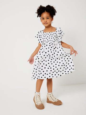 Toddler Girl Polka dots Square Neck  Design Short-sleeve Dress