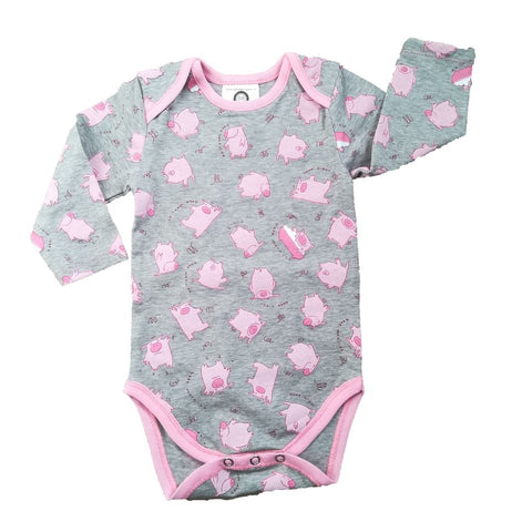 Grey Long-sleeved bodysuits with Pink Piglets