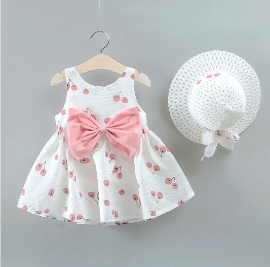 Sleeveless Dress Cherry Print Bowknot Decor 2pcs Set