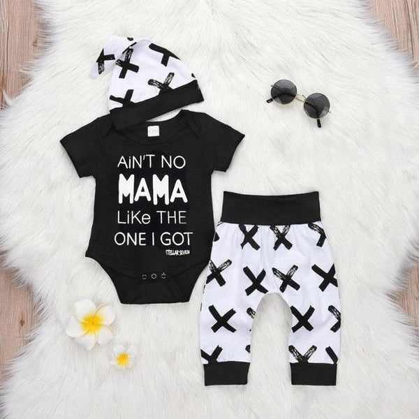 Baby Boy 3pcs Ain't no mama like the one i got letter print Romper+ Pants+ Hat Outfits Set × 1