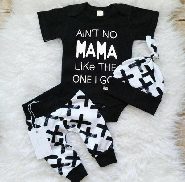 Baby Boy 3pcs Ain't no mama like the one i got letter print Romper+ Pants+ Hat Outfits Set × 1