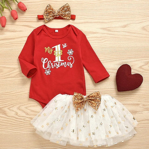 3 Pieces Baby Girls' Christmas Clothing Set Casual Cute Christmas Gifts Outdoor Festival Cotton Red Print Number Christmas pattern Bow Print Long Sleeve Regular / Fall / Winter