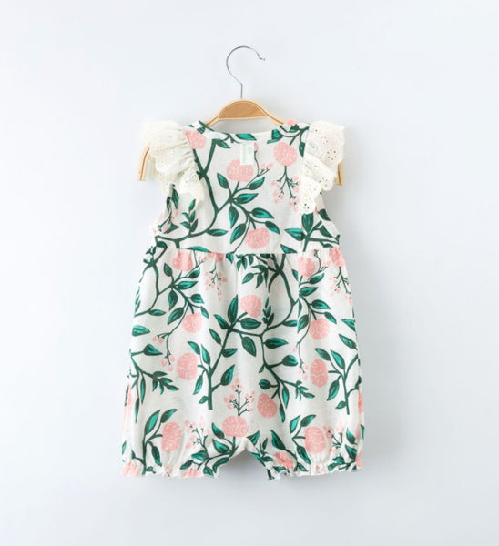 Baby Girl Romper with Leaves And Flower Pattern