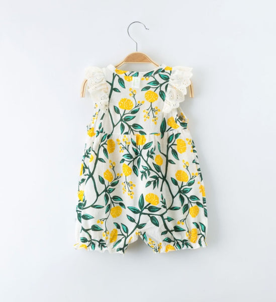 Baby Girl Romper with Leaves And Flower Pattern