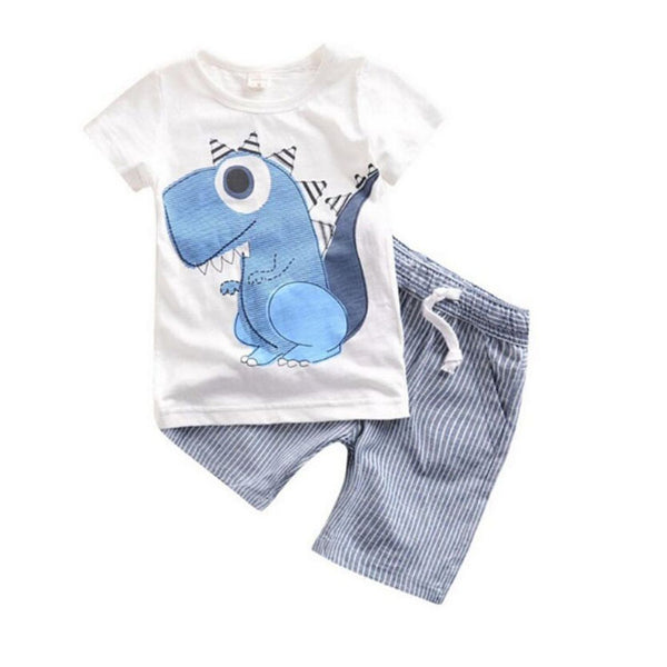 Dinosaur print short-sleeved T-shirt striped shorts casual clothing set 2-piece