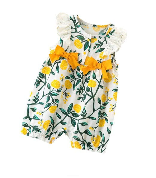 Baby Girl Romper with Leaves And Flower Pattern