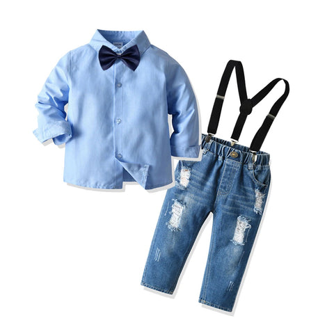 Toddler Boy Red Shirt and Blue Jeans with Suspender