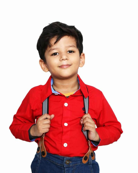 Toddler Boy Red Shirt and Blue Jeans with Suspender