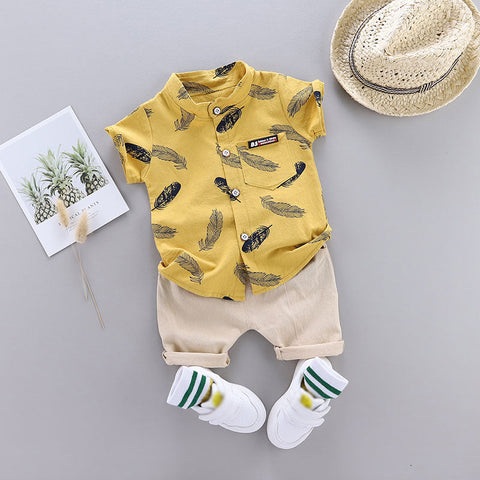 Leaf Print Short-sleeve Shirt and Pants Set