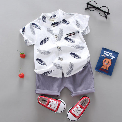 Leaf Print Short-sleeve Shirt and Pants Set