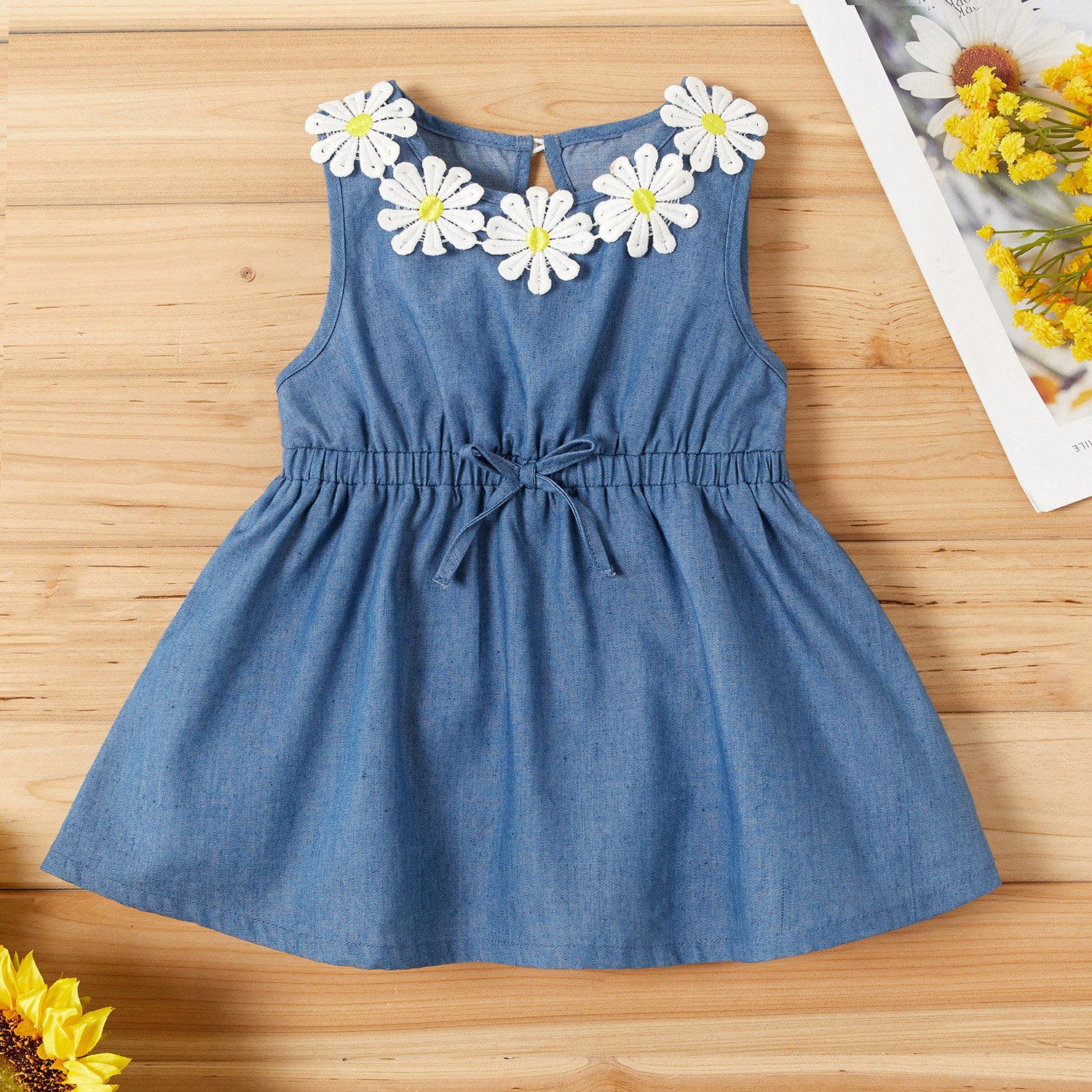 Baby Girl Sunflower Denim Dress Kids MAMIDA Baby Girl Sunflower Denim Dress Kids MAMIDA