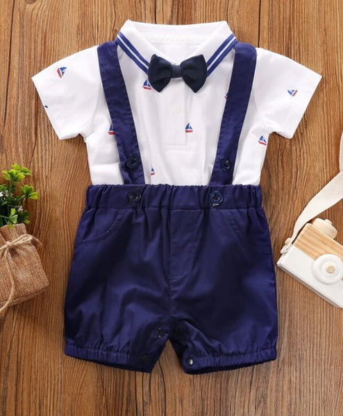 Baby Boy Sailboat Print Bow Neckline Shirt & Suspender Shorts