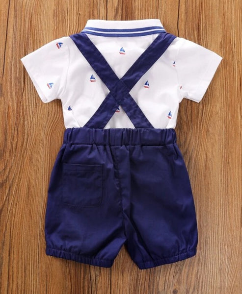 Baby Boy Sailboat Print Bow Neckline Shirt & Suspender Shorts