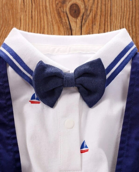 Baby Boy Sailboat Print Bow Neckline Shirt & Suspender Shorts