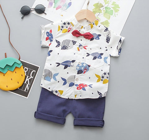 Short Sleeve Shirt Sea Fish+Shorts +Bow Tie Summer Set Kids Clothes